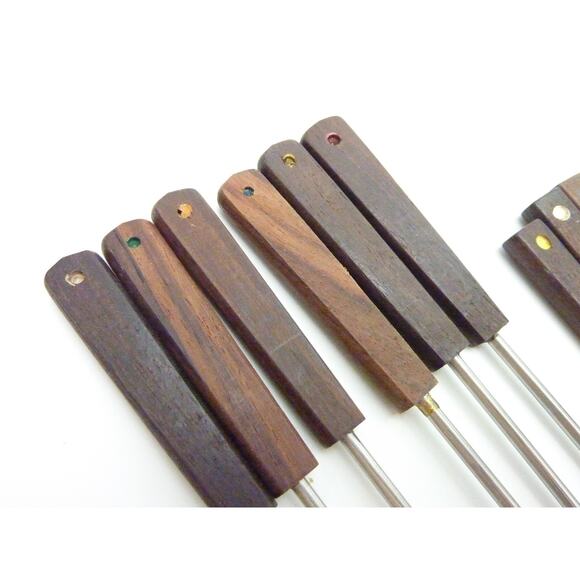 Vintage Stainless Steel Fondue Forks Teak Brown Wood Handles 2 sizes - Picture 2 of 4